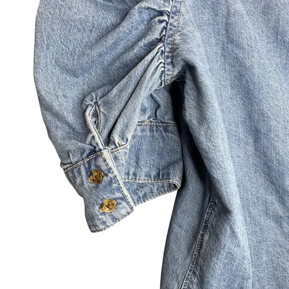 Industry Blue Denim Button Shirt with Puff Ruffle Ruche Sleeve Women sz L - Picture 9 of 9